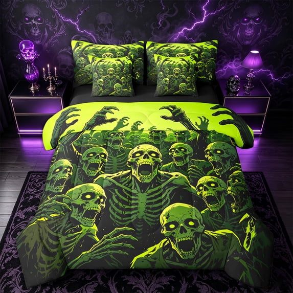Castle Fairy Halloween Skeleton Print Queen Bedding 7pcs,Ghost Ghost Pattern Bedding Comforter Set Queen,Lime Black,Black Reversible