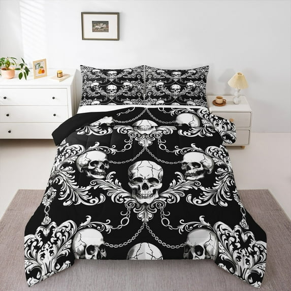 Castle Fairy Halloween Skull 3pcs King Size Comforter Sets,Gothic Style Bedding Comforter Set,Bohemian Damask Super Cozy Bedding Set,Ultra Soft Flower Home Decor,Reversible
