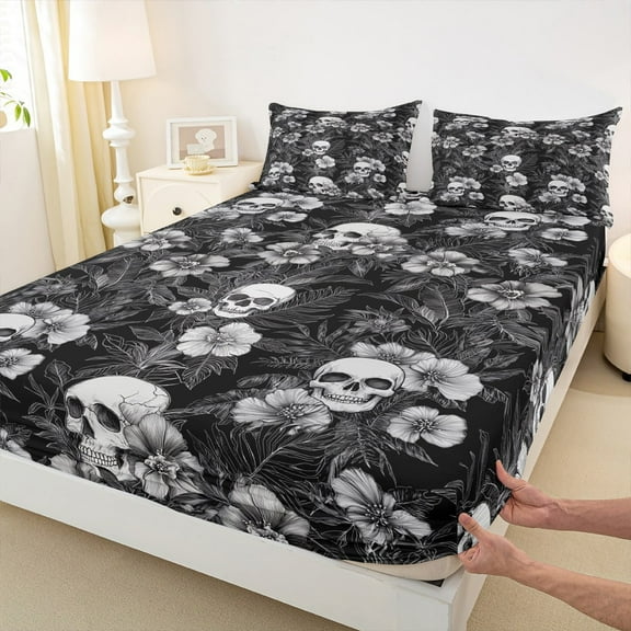 Castle Fairy Halloween Skull 4 Pieces Queen Sheet Sets,Gothic Style Ultra Soft Flat Sheet,Chic Flower Queen Fitted Sheet,Microfiber Teenager Bedroom Decor