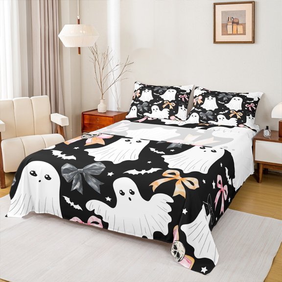Castle Fairy Halloween Skull 4pcs Bed Sheets for Children,Bow Ghost King Sheets,Gothic Style Super Cozy Sheet Set,Super Cozy Room Decor