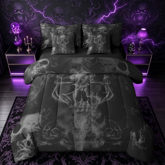 Castle Fairy Halloween Skull 7-Piece Twin Bedding,Gothic Style Bedding Comforter Set,Gray Black,Black Reversible
