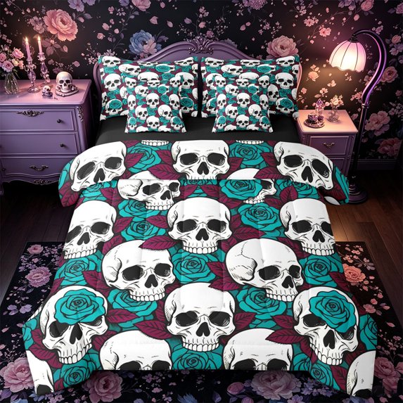 Castle Fairy Halloween Skull King Bedding 7pcs,Gothic Flower Rose King Bed in a Bag,Ivory Teal Black,Black Reversible