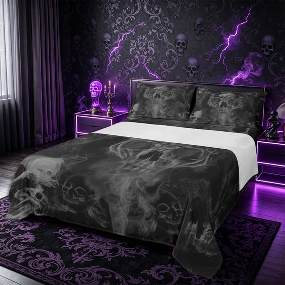 Castle Fairy Halloween Skull King Sheets 4pcs,Gothic Style Bedding,Gray Black,1 Fitted Sheet,1 Flat Sheet and 2 Pillowcases