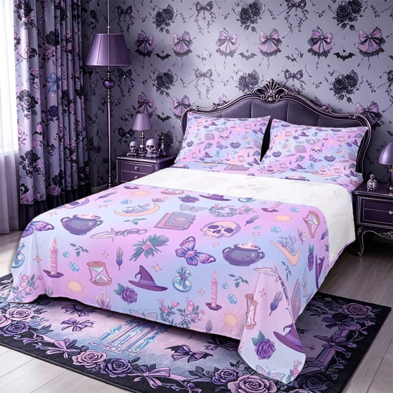Castle Fairy Halloween Skull King Sheets 4pcs,Kawaii Gothic Gradient Butterfly Moon Bedding,Lavender Purple,1 Fitted Sheet,1 Flat Sheet and 2 Pillowcases