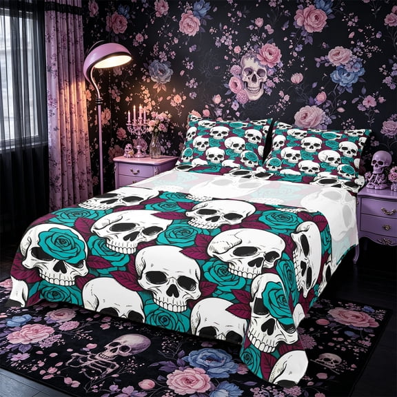 Castle Fairy Halloween Skull Queen Sheets 4 Pieces,Gothic Flower Rose Queen Sheet Sets,Ivory Teal Black,1 Fitted Sheet,1 Flat Sheet and 2 Pillowcases