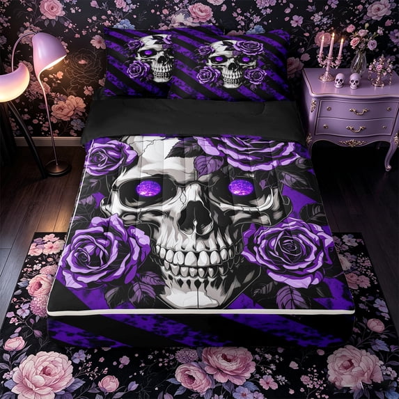 Castle Fairy Halloween Skull Zipper Twin Comforter Sets with Fitted Sheet and 2 Pillowcases,Galaxy Eye Rose Vintage Stripes Zipper Bedding Set,Violet Black,4-Piece,Black Reversible