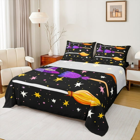 Castle Fairy Halloween Witch 4pcs Bed Sheets,Starry Sky King Sheets,Festival Theme Super Cozy Sheet Set,Microfiber Cartoon Bedroom Decor