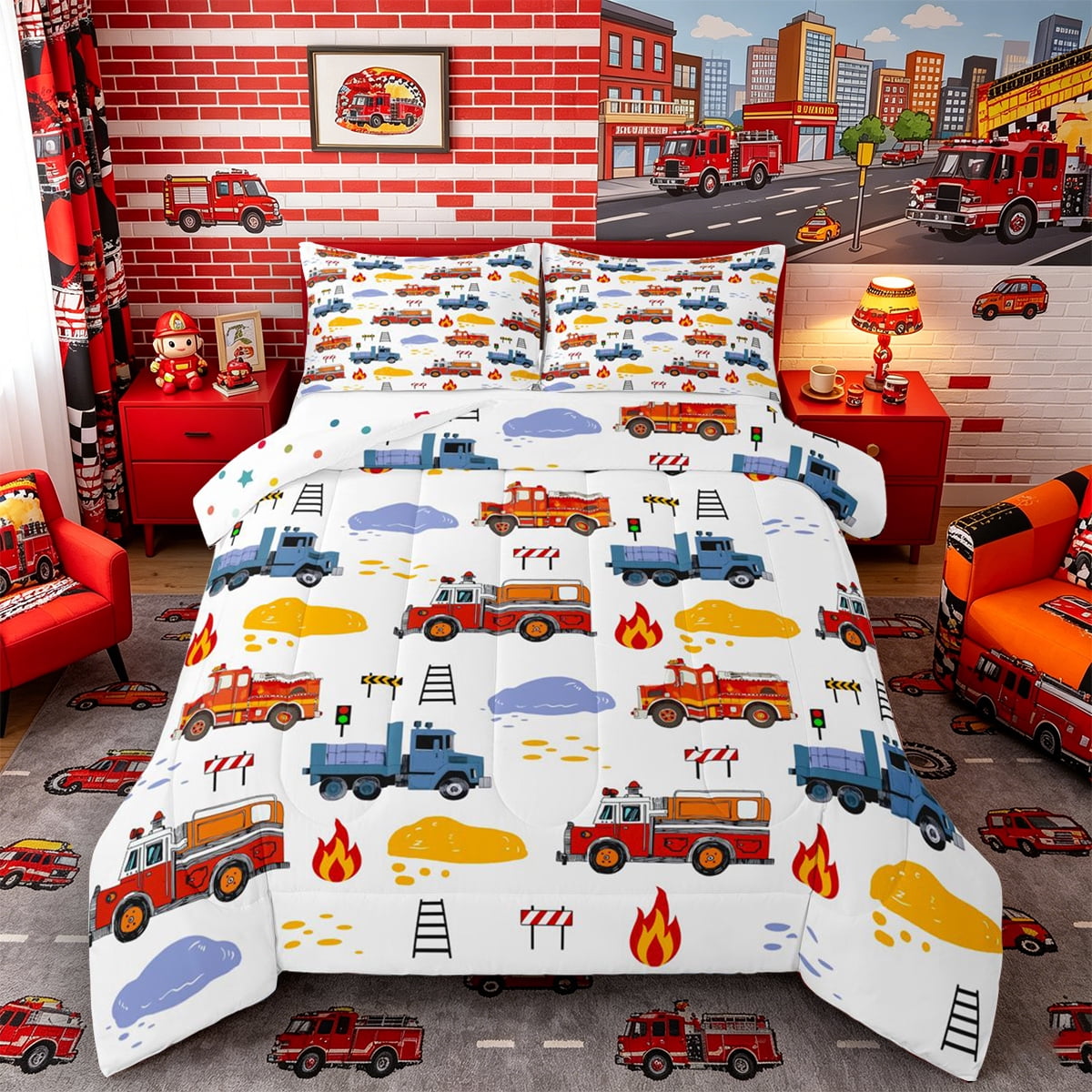 Castle Fairy Hand Drawn Fire Truck Queen Comforter Set 3pcs for Teens ...
