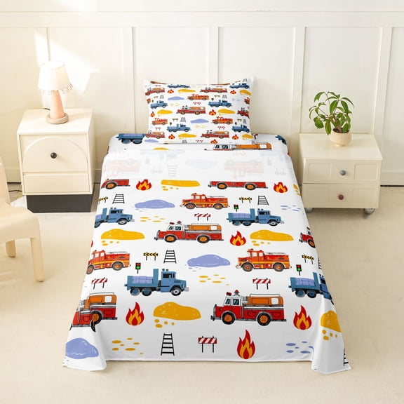 Castle Fairy Hand Drawn Fire Truck Twin Sheet Sets 3pcs for Teens, Road Barrier Print Bedding for Toddler Bedroom, Red Blue