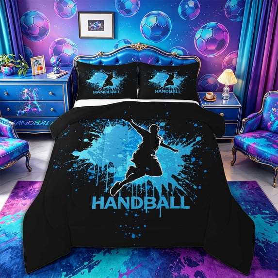 Castle Fairy Handball Sport King Size Comforter Sets 3pcs, Watercolor Splash Comforters King Size, Black Blue White,Black Reversible,1 Comforter and 2 Pillowcases