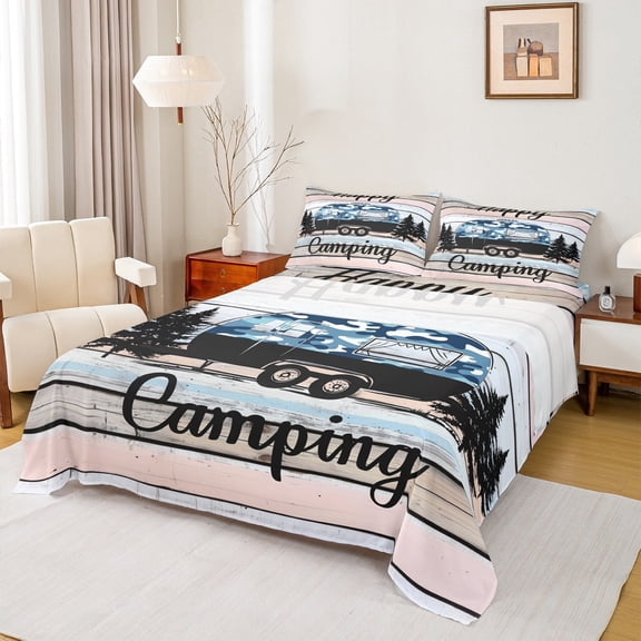 Castle Fairy Happy Camping 3pcs Twin Sheet Sets,Lodge Cabin Twin Fitted Sheet,Blue Camouflage Breathable Flat Sheet,Ultra Soft Adventure Home Decor