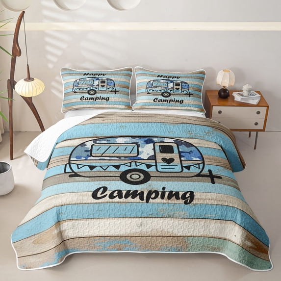 Castle Fairy Happy Camping Bed Spread Queen,Camo Pattern Queen Coverlet Set,Blue and Beige