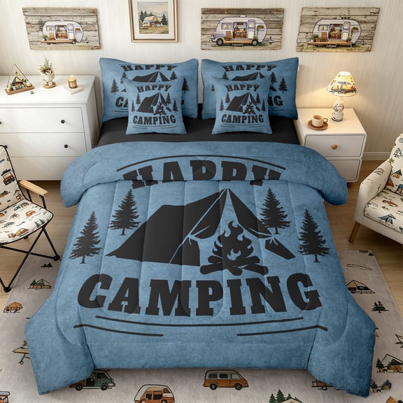 Castle Fairy Happy Camping Bedding Comforter Set 7 Pieces for Teens,Adventure Tent Full Bedding Set,Black Reversible