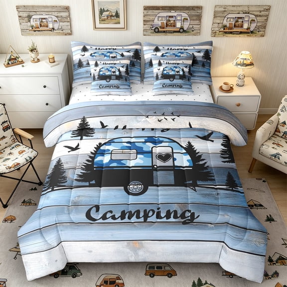 Castle Fairy Happy Camping Camper Bedding Comforter Set 7-Piece for Kids, Forest RV Print King Bedding Sets for Bedroom, Blue White
