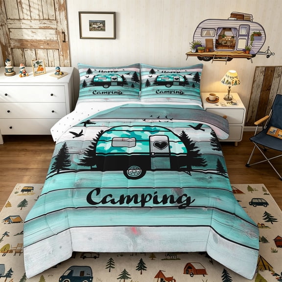 Castle Fairy Happy Camping Camper Queen Comforter Set 3pcs for Teens, Forest RV Print Bedding Comforter Set for Bedroom, Teal White