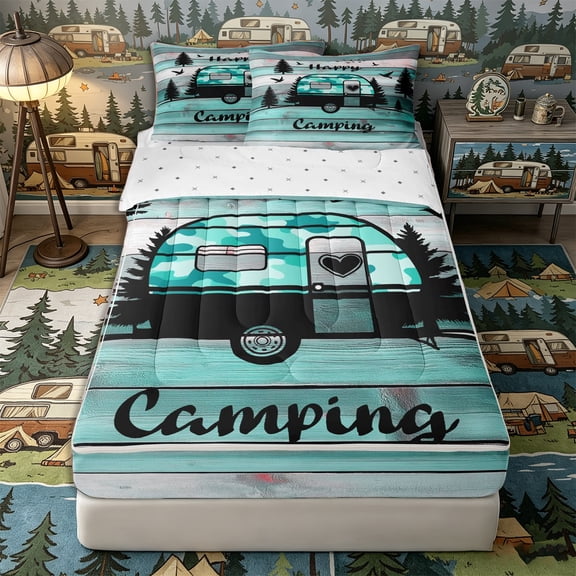 Castle Fairy Happy Camping Camper Zipper Twin Comforter Sets with Fitted Sheet and 2 Pillowcases,Forest RV Print Zipper Bedding Set for Bedroom,Teal White,4-Piece,Reversible