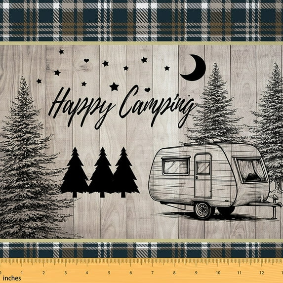 Castle Fairy Happy Camping Fabric by the Yard 5 Yards, Vintage Camper Sewing Fabric, Gray Brown Plaid Room Decor Fabric by the Yard, Rustic Farmhouse Bedroom Decor
