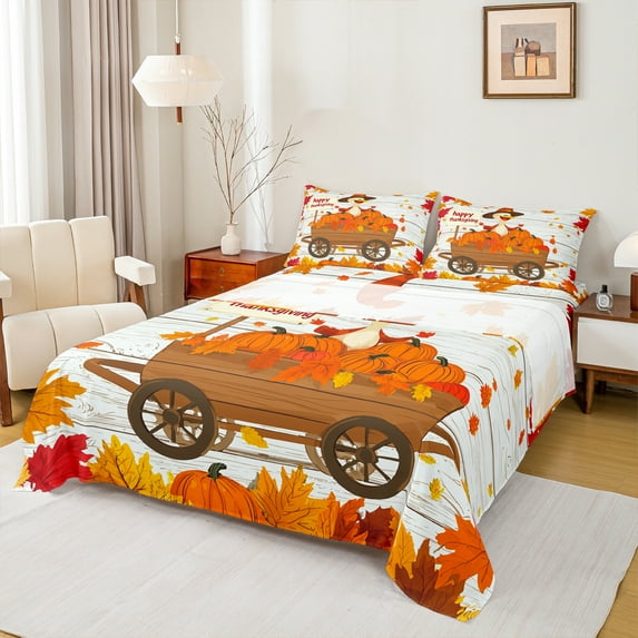 Castle Fairy Happy Thanksgiving Day Boy Girl 3Pcs Twin Sheet Sets,Lodge Cabin Twin Fitted Sheet,Autumn Pumpkin Breathable Flat Sheet,Breathable Home Decor