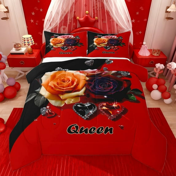 Castle Fairy Happy Valentine's Day Full Size Comforter Sets 3-Piece for Teenagers Boys Girls,Romantic Floral Flower Rose Bedding Comforter Set,Bling Crystal Love Heart Lightweight Bedding Sets