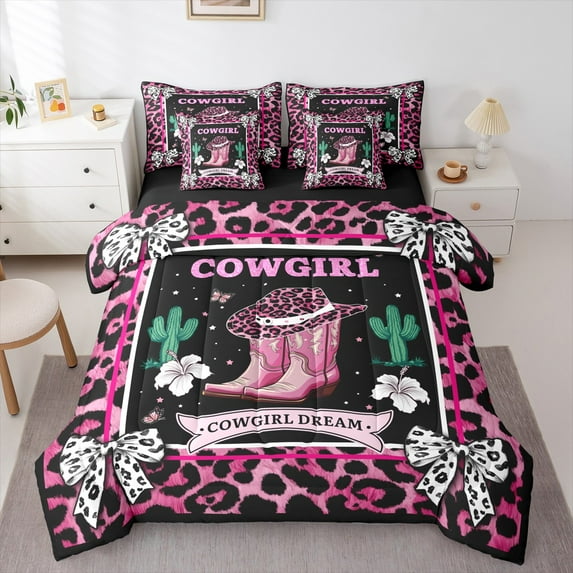 Castle Fairy Hat Boots 7-Piece Twin Bedding Sets,Leopard Print Bedding Comforter Set,Cute Bow Breathable Sheet Sets,Super Cozy Western Room Decor,Reversible