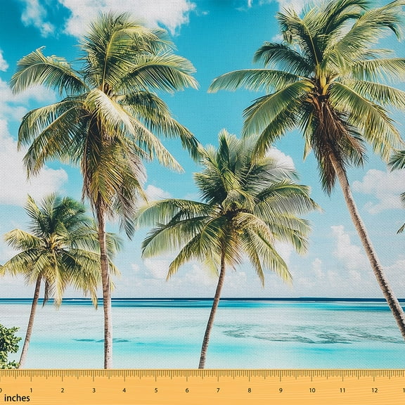 Castle Fairy Hawaii Beach Fabric by the Yard 1 Yard, Tropical Coconut Tree Home Decor Fabric by the Yard, Coastal Ocean Wave Sewing Fabric