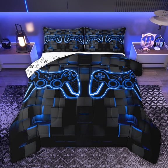 Castle Fairy Hexagon Teens Gamer Twin Comforter Sets,Abstract Video Game Bedding Set