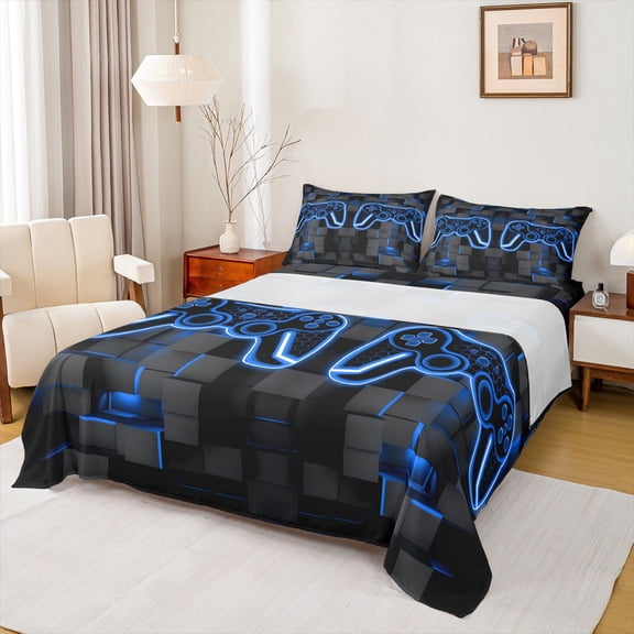 Castle Fairy Hexagon Teens Gamer Twin Sheet Sets,Abstract Video Game Bedding