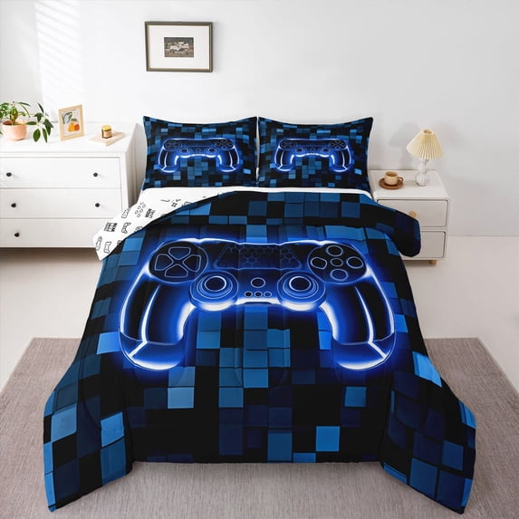 Castle Fairy Hexagon Video Game Full Size Comforter Sets,Futuristic Grid Bedding Sets