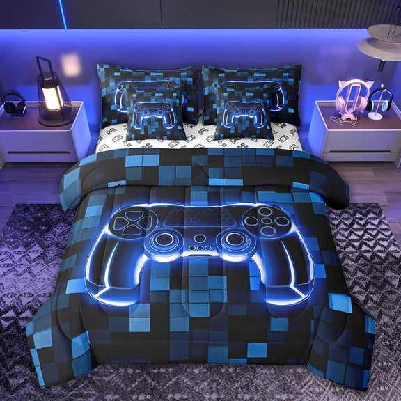 Castle Fairy Hexagon Video Game Twin Bedding Sets,Geometric Grid Bedding Comforter Set