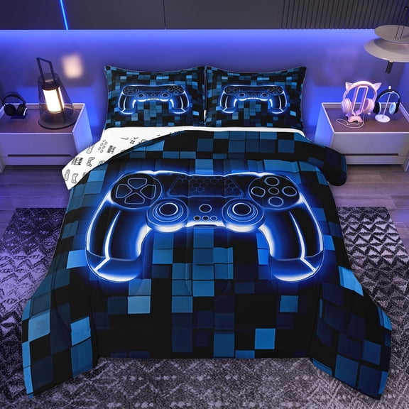 Castle Fairy Hexagon Video Game Twin Comforter Sets,Futuristic Geometric Grid Bedding Set