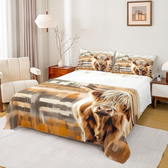 Castle Fairy Highland Bull 4 Pieces Queen Sheet Sets for Adults Female Men,Rustic Vintage Cabin Ultra Soft Flat Sheet,Farmhouse Animal Queen Fitted Sheet,Super Cozy Room Decor