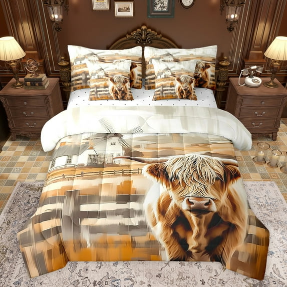 Castle Fairy Highland Bull Bedding Comforter Set 7-Piece for Adults Female Men,Rustic Vintage Cabin King Bedding Sets,Farmhouse Animal Ultra Soft Bed Sheets,Super Cozy Room Decor,Reversible