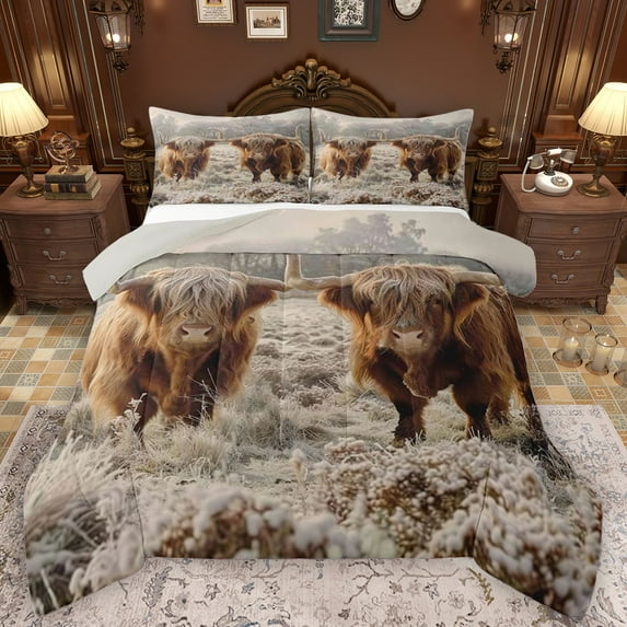 Castle Fairy Highland Bull Full Size Comforter Sets 3-Piece for Kids Teens Adults,Farmhouse Animal Bedding Comforter Set,Exotic Style Lightweight Bedding Sets,Breathable Home Decor,Reversible