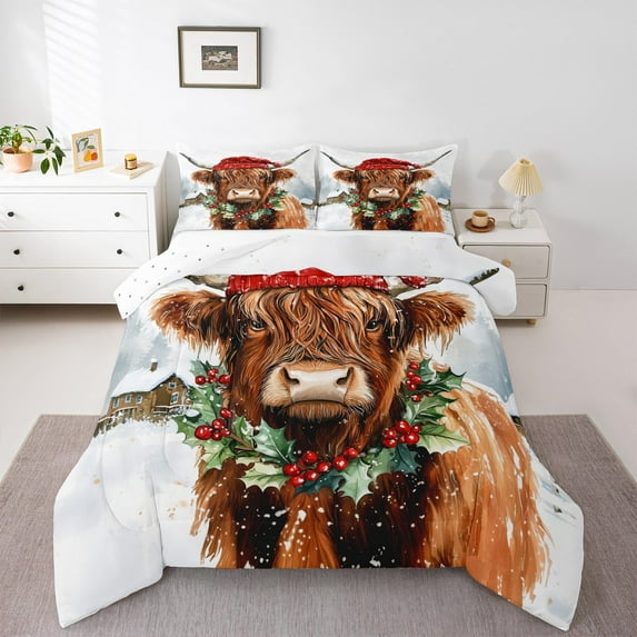 Castle Fairy Highland Cattle 2pcs Bedding Comforter Set for Teenagers,Merry Christmas Twin Comforter Sets,Festival Xmas Breathable Bedding Set,Microfiber Bedroom Decor