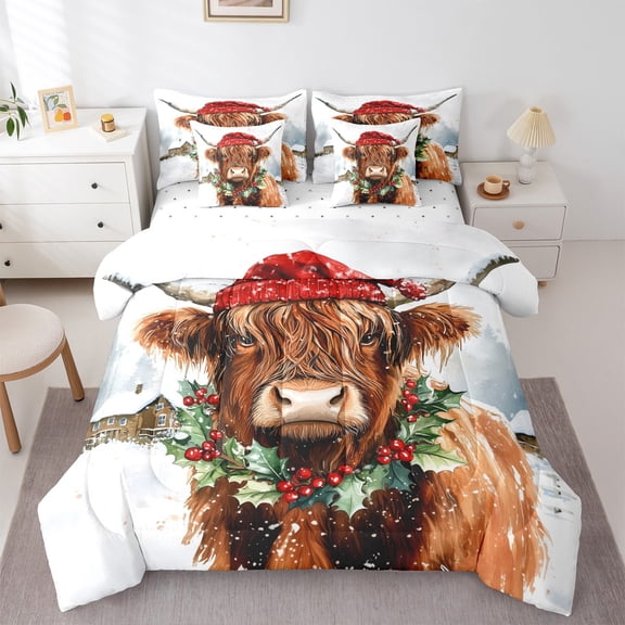 Castle Fairy Highland Cattle 7-Piece Bedding Comforter Set for Teenagers,Merry Christmas King Bedding Sets,Festival Xmas Ultra Soft Bed Sheets,Microfiber Bedroom Decor