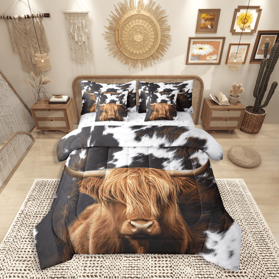 Castle Fairy Highland Cattle 7-Piece Twin Bedding Sets for Teenagers,Cow Print Bedding Comforter Set,Farmhouse Animal Breathable Sheet Sets,Luxury Bedroom Decor