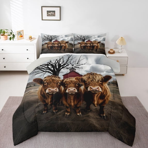 Castle Fairy Highland Cattle Full Size Comforter Sets,Vintage Cabin Windmill Bedding Sets