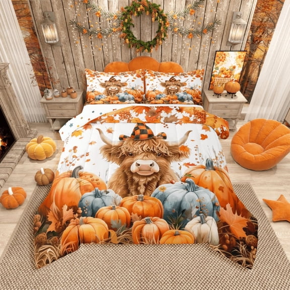 Castle Fairy Highland Cow 2pcs Bedding Comforter Set,Botanical Pumpkin Twin Comforter Sets,Autumn Harvest Breathable Bedding Set,Luxury Children Bedroom Decor,Reversible