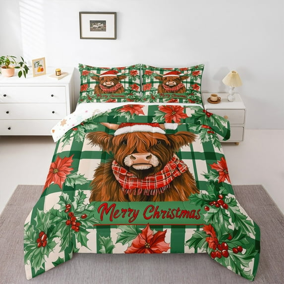 Castle Fairy Highland Cow 2pcs Bedding Comforter Set for Teens,Geometric Plaid Twin Comforter Sets,Happy New Year Breathable Bedding Set,Ultra Soft Home Decor