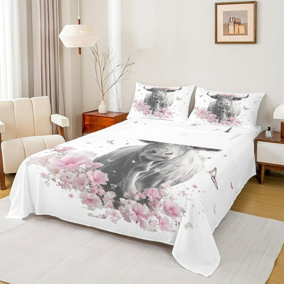 Castle Fairy Highland Cow 4-Piece Full Size Sheets,Floral Butterfly Bed Sheets,Pink Grey Lightweight Sheet Sets,Super Cozy Flower Room Decor