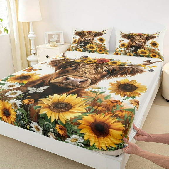 Castle Fairy Highland Cow 4 Pieces Queen Sheet Sets,Floral Sunflower Ultra Soft Flat Sheet,Flying Butterfly Queen Fitted Sheet,Microfiber Teenager Bedroom Decor