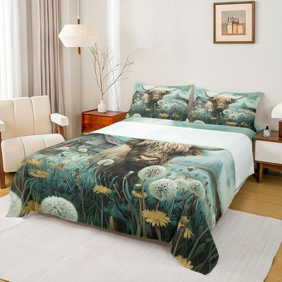 Castle Fairy Highland Cow 4 Pieces Queen Sheet Sets for Teens Boys Girls,Western Farmhouse Ultra Soft Flat Sheet,Chic Floral Dandelion Queen Fitted Sheet,Lightweight Room Decor