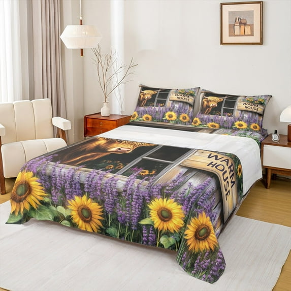 Castle Fairy Highland Cow 4pcs Bed Sheets for Boys Girls,Rustic Chic Sunflower King Sheets,Farmhouse Floral Animal Super Cozy Sheet Set,Microfiber Bedroom Decor