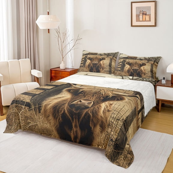 Castle Fairy Highland Cow 4pcs Bed Sheets for Teens Boys Girls,Western Farmhouse King Sheets,Brown Grey Super Cozy Sheet Set,Lightweight Room Decor