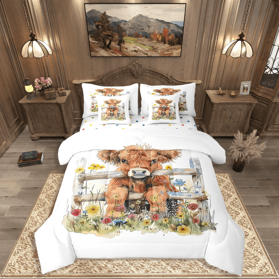 Castle Fairy Highland Cow 7-Piece Bedding Comforter Set,Kawaii Animal King Bedding Sets,Watercolor Flower Ultra Soft Bed Sheets,Ultra Soft Floral Home Decor,Reversible