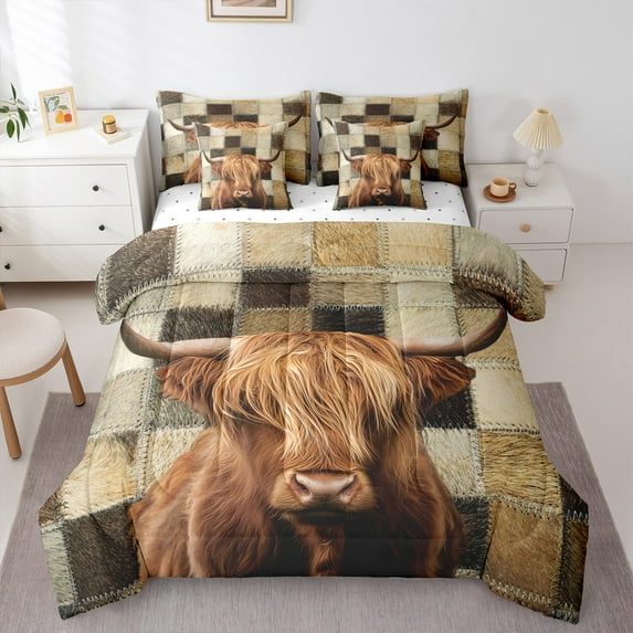 Castle Fairy Highland Cow 7-Piece Bedding Comforter Set for Teens,Geometric Plaid King Bedding Sets,Animal Print Ultra Soft Bed Sheets,Lightweight Room Decor