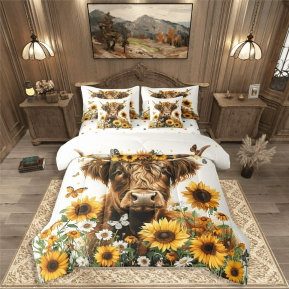 Castle Fairy Highland Cow 7-Piece Twin Bedding Sets,Floral Sunflower Bedding Comforter Set,Flying Butterfly Breathable Sheet Sets,Microfiber Teenager Bedroom Decor,Reversible