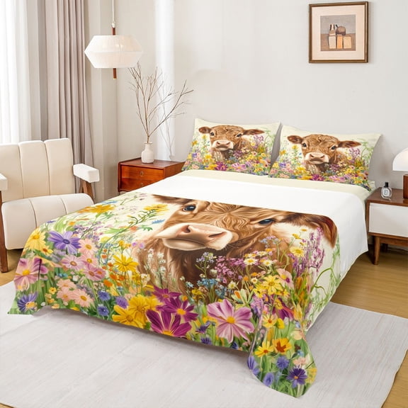 Castle Fairy Highland Cow Bed Sheets,Colorful Floral Flowers King Sheets