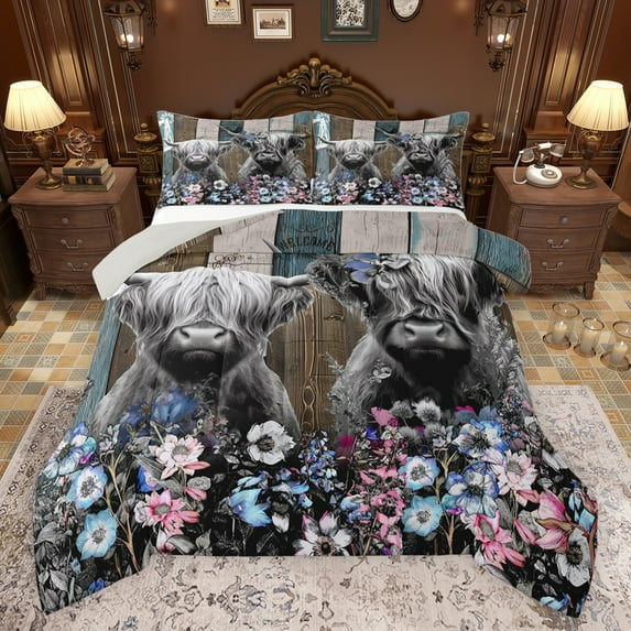 Castle Fairy Highland Cow Bedding Comforter Set 2pcs for Boys Girls,Rustic Farmhouse Animal Twin Comforter Sets Microfiber,Chic Floral Flowers Breathable Bedding Set,Luxury Bedroom Decor,Reversible