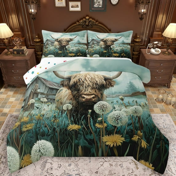 Castle Fairy Highland Cow Bedding Comforter Set 2pcs for Teens Boys Girls,Western Farmhouse Twin Comforter Sets Microfiber,Chic Floral Dandelion Breathable Bedding Set,Lightweight Room Decor